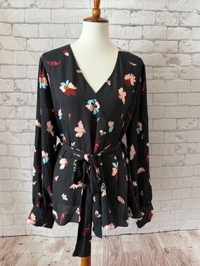 Halogen Black Floral Top with Pink and Teal Blooms